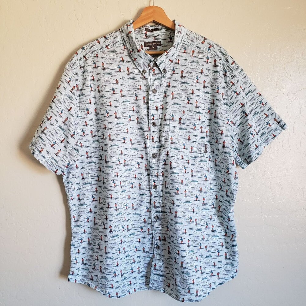 Eddie Bauer Classic Fit Fishing Print Button Up Shirt Blue Men's 2XL Fisherman
